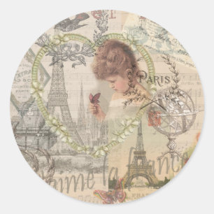 Sticker Rond Paris France Jolie Fille Douce Tour Eiffel