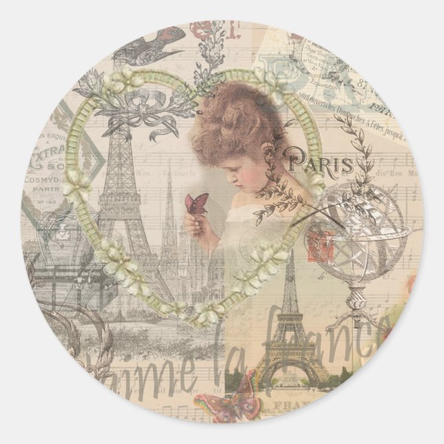 Sticker Rond Paris France Jolie fille Eiffel (Devant)