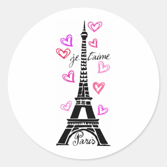 STICKER ROND PARIS JE T'AIME EIFFEL ET COEURS ROSES (Devant)