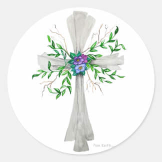 Sticker Rond Parlez Croix gris Jésus avec Fleurs