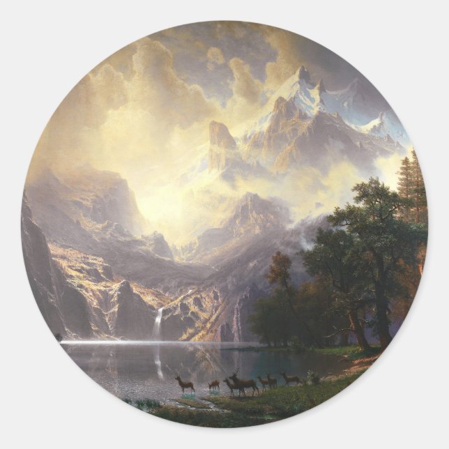 Sticker Rond Parmi la Sierra Nevada, Californie, Bierstadt Art (Devant)