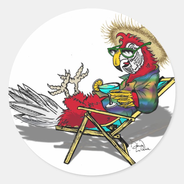 Sticker Rond Parrot Relaxant dans la chaise de plage (Devant)