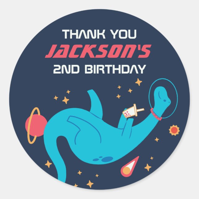 Sticker Rond Partie Anniversaire de enfant de l'astronaute Dino (Devant)
