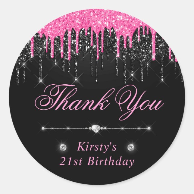 Sticker Rond Parties scintillant à goutte noire et rose Anniver (Devant)