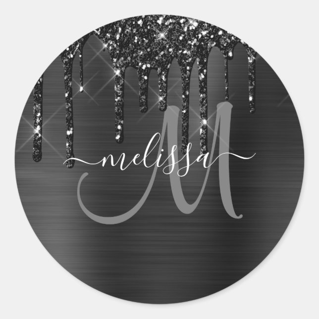 Sticker Rond Parties scintillant à séchage noir chic Monogramme (Devant)