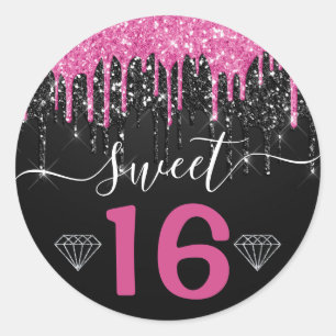 Sticker Rond Parties scintillant à séchage rose et noir chaud d