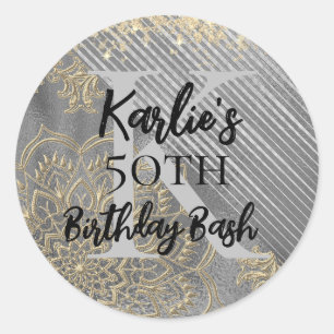 Sticker Rond Parties scintillant Argent Anniversaire Mandala Mo