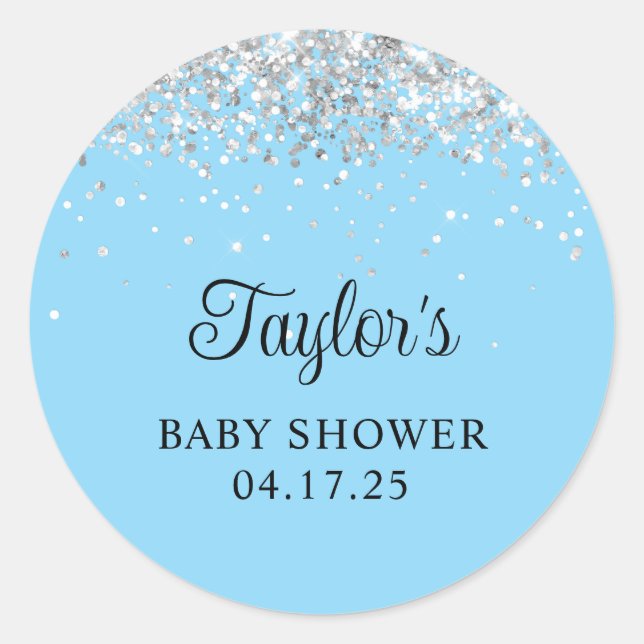 Sticker Rond Parties scintillant Argent Bébé Bleu Douche (Devant)