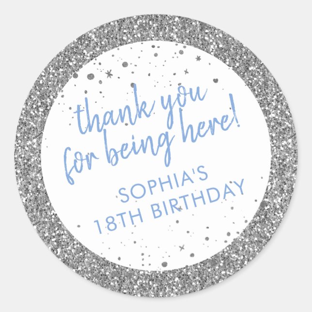 Sticker Rond Parties scintillant argent et bleu Merci Anniversa (Devant)