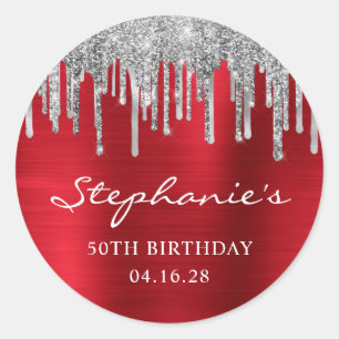 Sticker Rond Parties scintillant argent gouttes rouge huile 50e