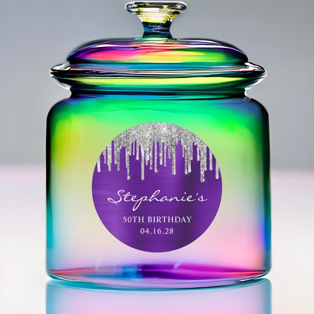 Sticker Rond Parties scintillant argent gouttes violet violet 5 (Create your own dripping silver glitter purple stickers.)