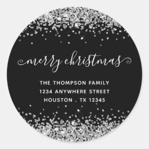 Sticker Rond Parties scintillant Argent Joyeux Noël Nom Adresse