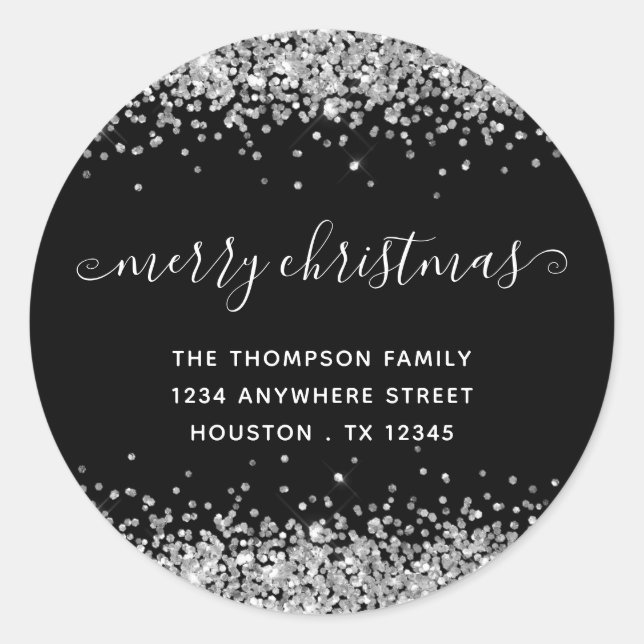 Sticker Rond Parties scintillant Argent Joyeux Noël Nom Adresse (Devant)