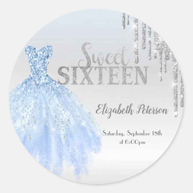 Sticker Rond Parties scintillant Argent, Robe Bleue Silver Swee (Devant)