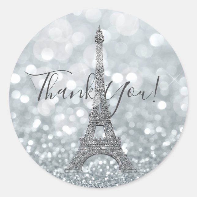 Sticker Rond Parties scintillant Argent Sparkle Bling Tour Eiff (Devant)