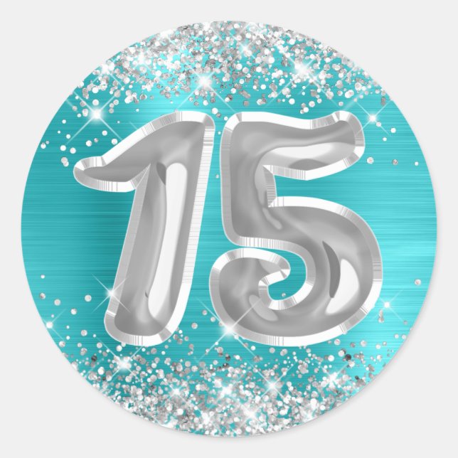 Sticker Rond Parties scintillant Argent Turquoise Bleu Numéro 1 (Devant)
