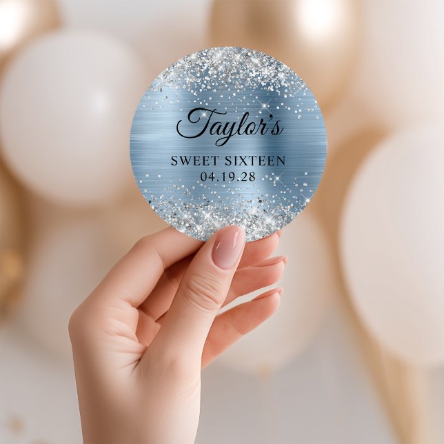 Sticker Rond Parties scintillant argentée Sweet sixteen à huile (Silver Glitter Light Blue Foil Sweet Sixteen Classic Round Sticker)