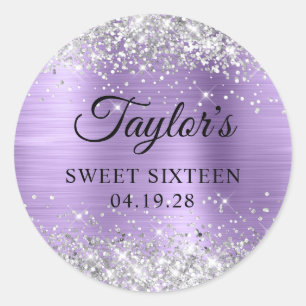 Sticker Rond Parties scintillant argentée Sweet sixteen à huile
