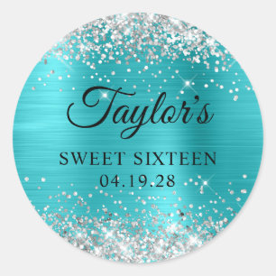 Sticker Rond Parties scintillant argentée Turquoise Blue Foil S