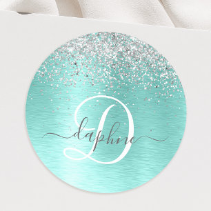 Sticker Rond Parties scintillant argentée turquoise en métal br