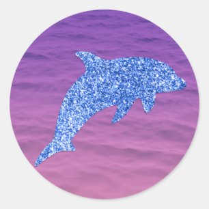 Sticker Rond Parties scintillant Bleue Dauphin En Mer Rose Et V