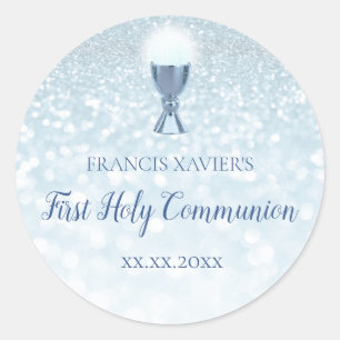 Sticker Rond PARTIES SCINTILLANT bleue FAUX Première communion