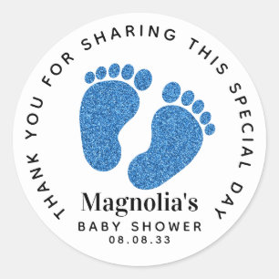 Sticker Rond Parties scintillant Bleue Pieds Baby shower Merci