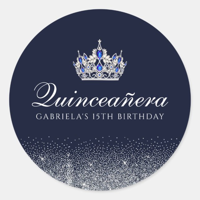 Sticker Rond Parties scintillant bleue Sapphire Quinceanera (Devant)