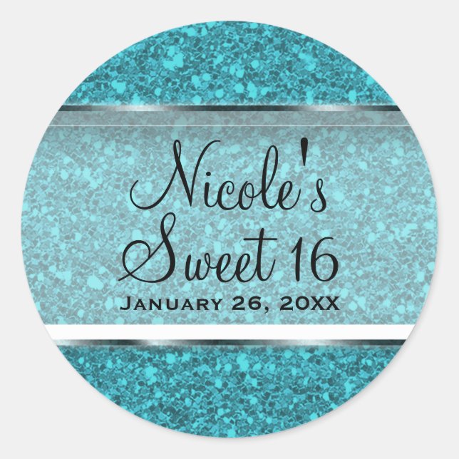 Sticker Rond Parties scintillant bleue turquoise Glam Sweet 16  (Devant)