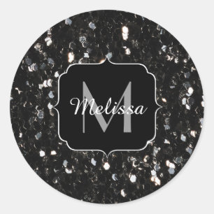 Sticker Rond Parties scintillant brillante noire et blanche Mon