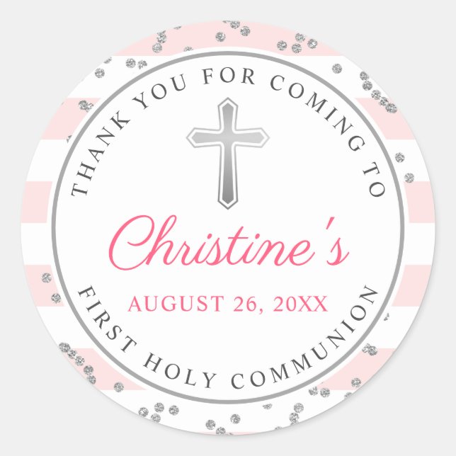 Sticker Rond Parties scintillant d'argent Clair rose rayures pr (Devant)