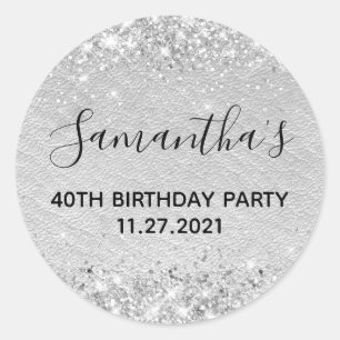 Sticker Rond Parties scintillant d'argent cuir gris pâle 40e an
