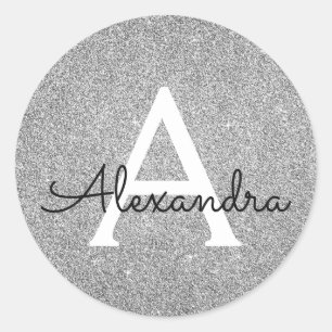 Sticker Rond Parties scintillant d'argent et Monogramme étincel