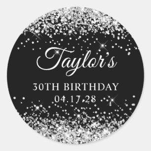 Sticker Rond Parties scintillant d'argent et noir 30e anniversa