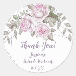 Sticker Rond Parties scintillant d'argent florale violet géomét