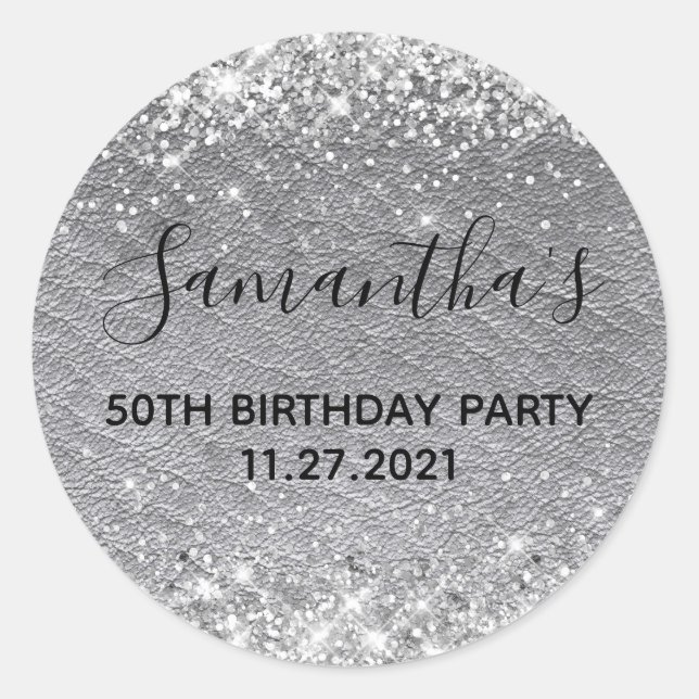 Sticker Rond Parties scintillant d'argent gris cuir 50e fête d' (Devant)