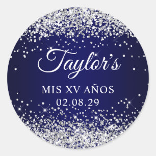 Sticker Rond Parties scintillant d'argent Marine bleu Mis XV An