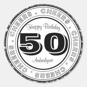 Sticker Rond Parties scintillant d'argent noir blanc 50e annive