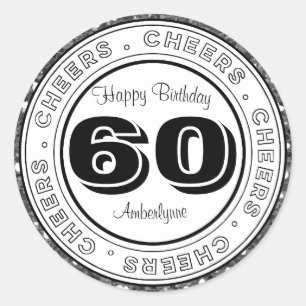 Sticker Rond Parties scintillant d'argent noir blanc 60e annive