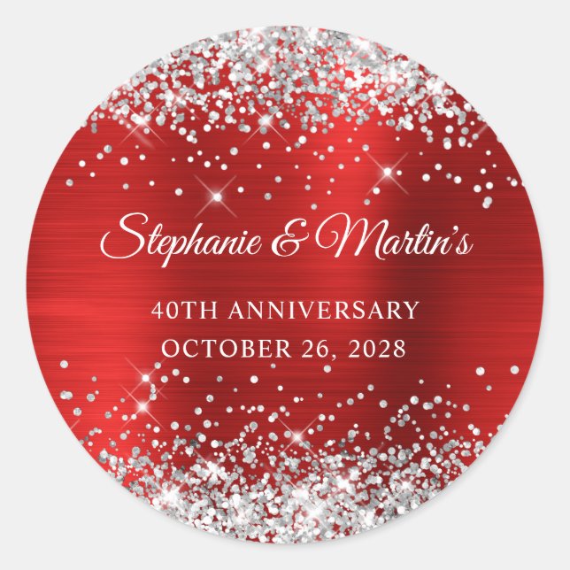 Sticker Rond Parties scintillant d'argent Red Foil 40e annivers (Devant)