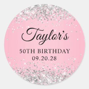 Sticker Rond Parties scintillant d'argent rose 50e anniversaire