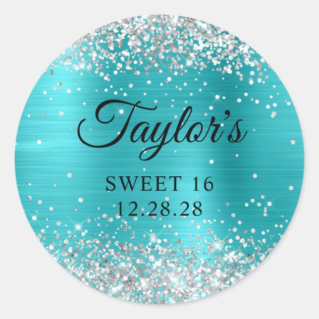 Sticker Rond Parties scintillant d'argent Turquoise Blue Foil S (Devant)