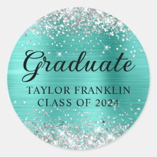 Sticker Rond Parties scintillant d'argent Turquoise Classe de 2