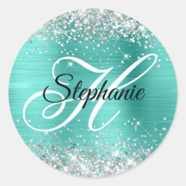 Sticker Rond Parties scintillant d'argent Turquoise Foil Fancy 