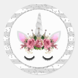 Sticker Rond Parties scintillant d'argent Unicorn Princesse