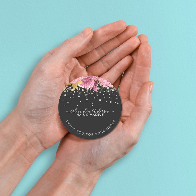 Sticker Rond Parties scintillant de diamants floraux roses et b (Modern Botanical Pink Floral Diamonds Glitter Classic Round Sticker)