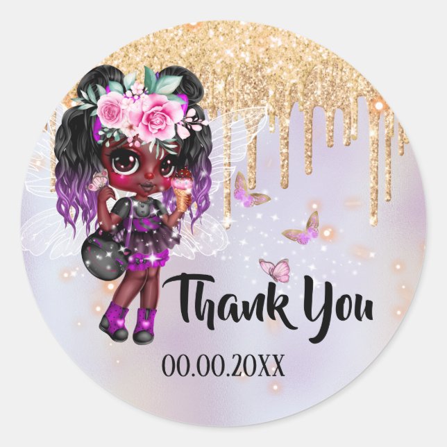 Sticker Rond Parties scintillant de fée rose violet papillon d' (Devant)