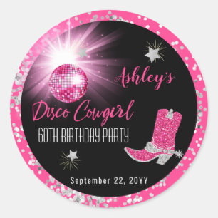 Sticker Rond Parties scintillant Disco Rose Cowgirl 60e fête d'