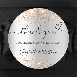 Sticker Rond Parties scintillant d'or argent coeur merci mariag