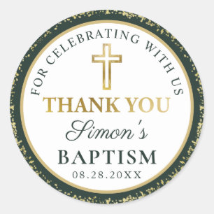 Sticker Rond Parties scintillant d'or Baptême vert foncé Merci